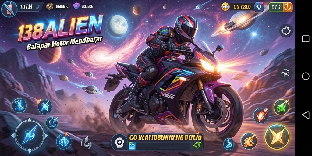 Tangkapan layar menampilkan balapan motor luar angkasa yang seru.