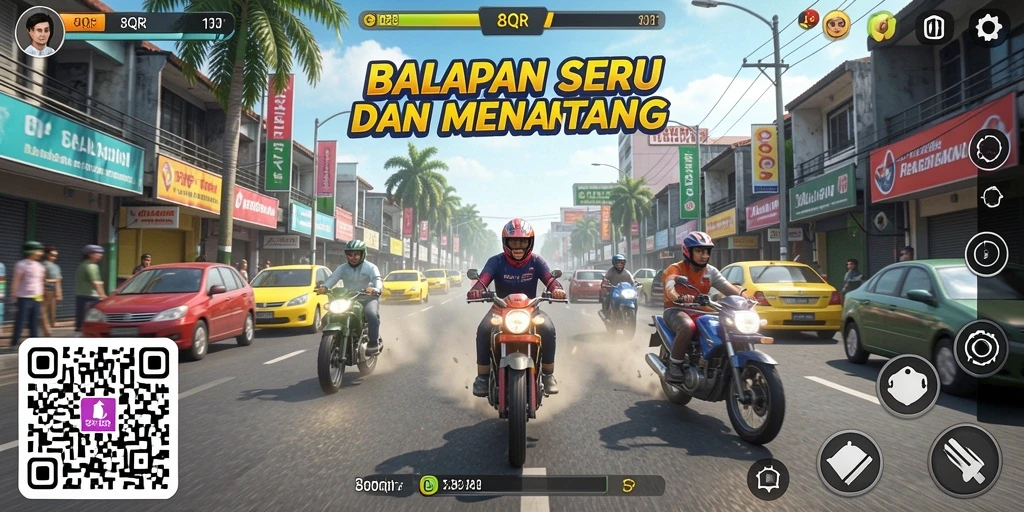 Tampak layar balapan seru di 8QR dengan berbagai kendaraan.