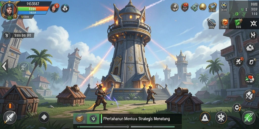 Tangkapan layar menunjukkan aksi seru dalam permainan Tower Defense.