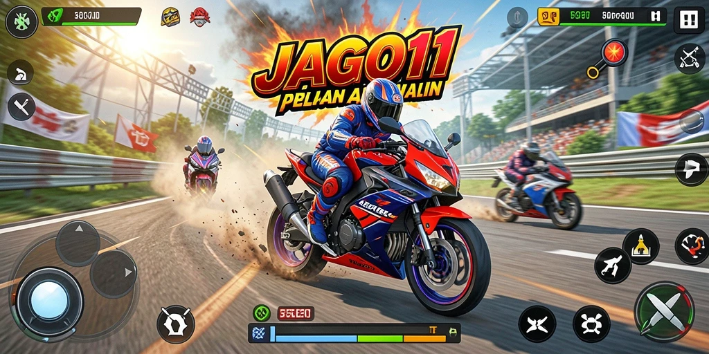 Tampilan gameplay menegangkan pada JAGO11 dengan berbagai trek motor racing.