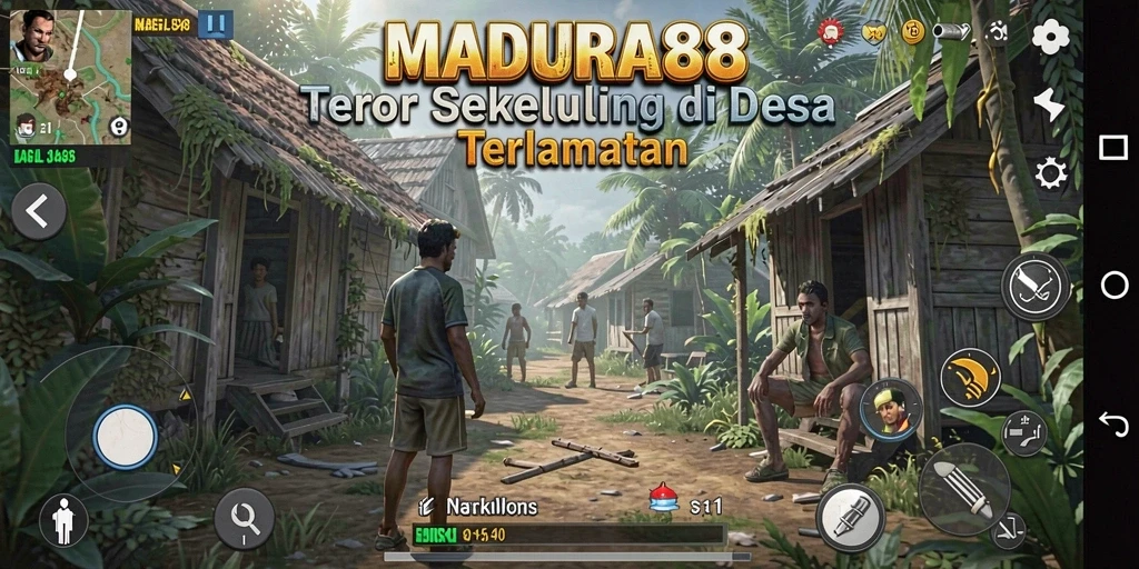 Tampilan gameplay menakutkan di desa angker dalam MADURA88.