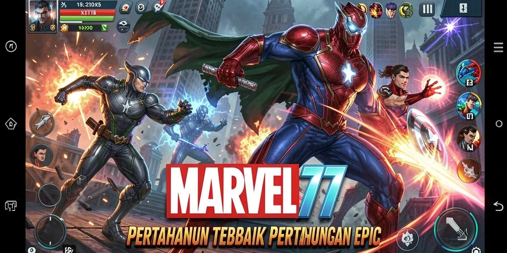 Gameplay seru Tower Defense dalam MARVEL77 dengan pertarungan epik.