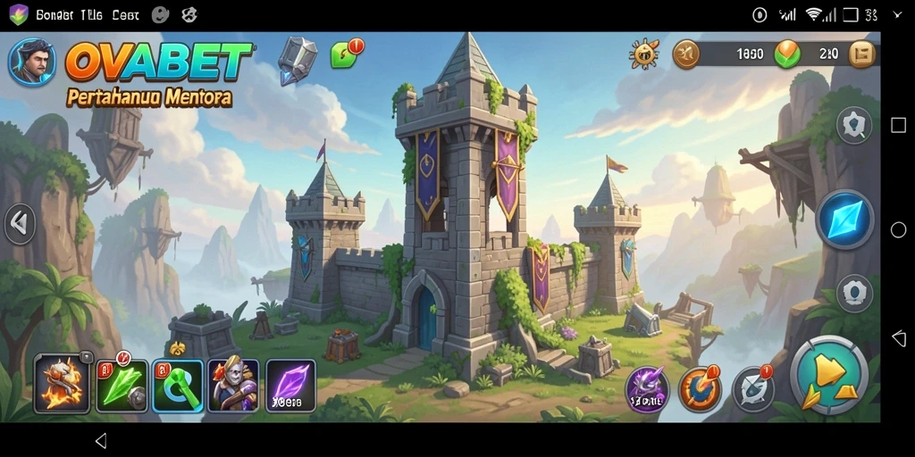 Screenshot gameplay OVABET dengan menara mempertahankan wilayah dari serangan musuh.