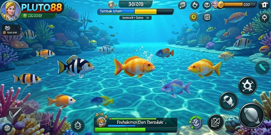 Screenshot PLUTO88 menampilkan gameplay seru tembak ikan.