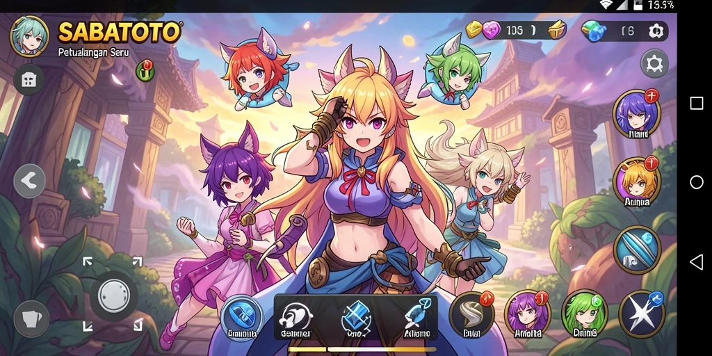 Tampilan gameplay <strong>SABATOTO</strong> dengan karakter anime yang dinamis dan colorful.